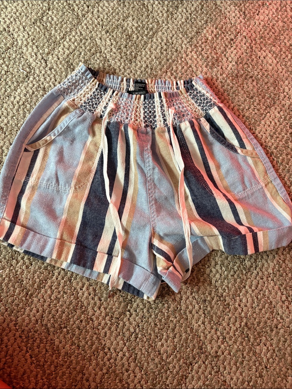 Forever 21 Striped Smocked-Waist Shorts — Blue, Pink, Cream